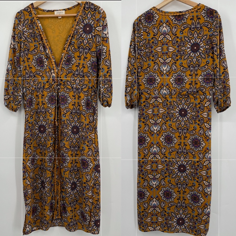 Everly Midi Dress V-Neck Mustard Yellow & Blue Paisley Flowey Boho Dress Small